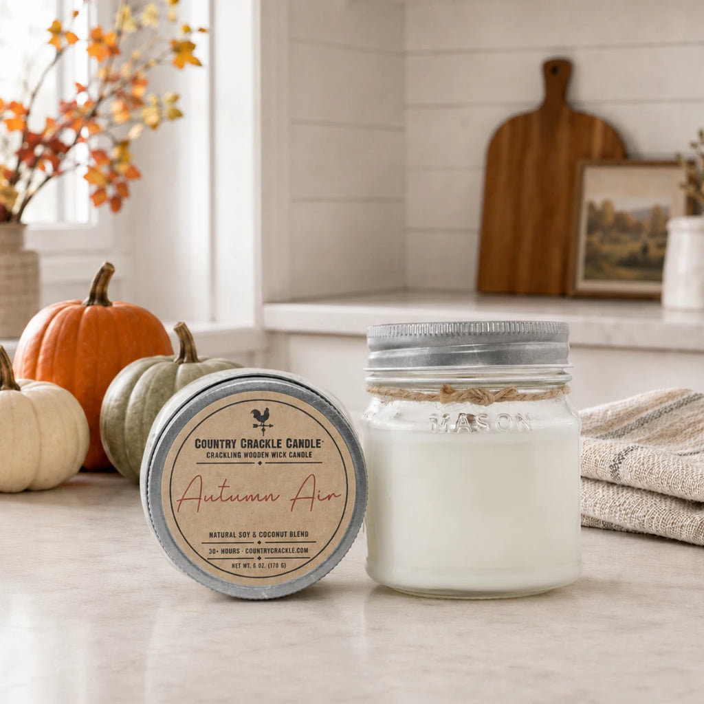 A jar candle and its tin lid are displayed on a kitchen counter with fall-themed props including pumpkins, a cutting board, and a striped towel. The label reads 'Country Crackle Candle' and 'Autumn Air'.