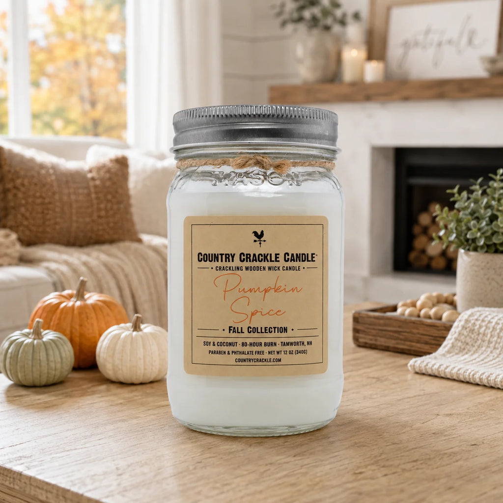 A jar candle labeled 'Country Crackle Candle Pumpkin Spice Fall Collection' sits on a wooden table in a cozy living room setting with pumpkins, a fireplace, and a couch in the background.