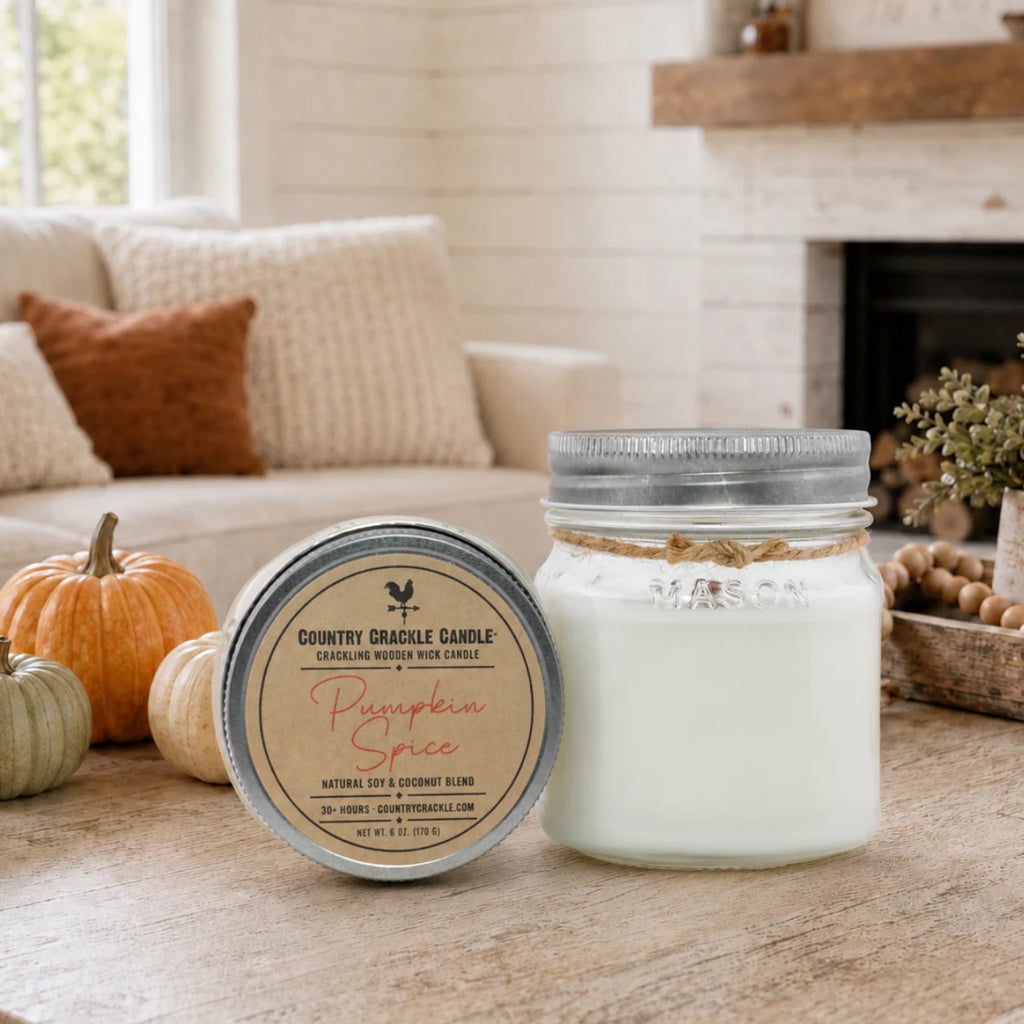 A Country Crackle Candle in a clear glass jar with white wax and a silver lid, shown next to its round tin lid labeled 'Pumpkin Spice.' The scene is styled on a wooden table in a cozy living room with pumpkins, a sofa, and a fireplace in the background.
