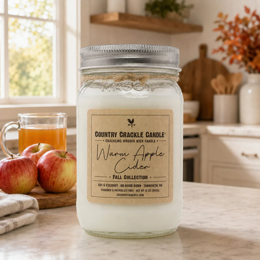 A large glass jar candle with a silver metal lid and a beige label reading 'Country Crackle Candle' and 'Warm Apple Cider' stands on a kitchen counter. The background shows a softly blurred kitchen scene with apples, a mug of orange drink, and warm lighting.