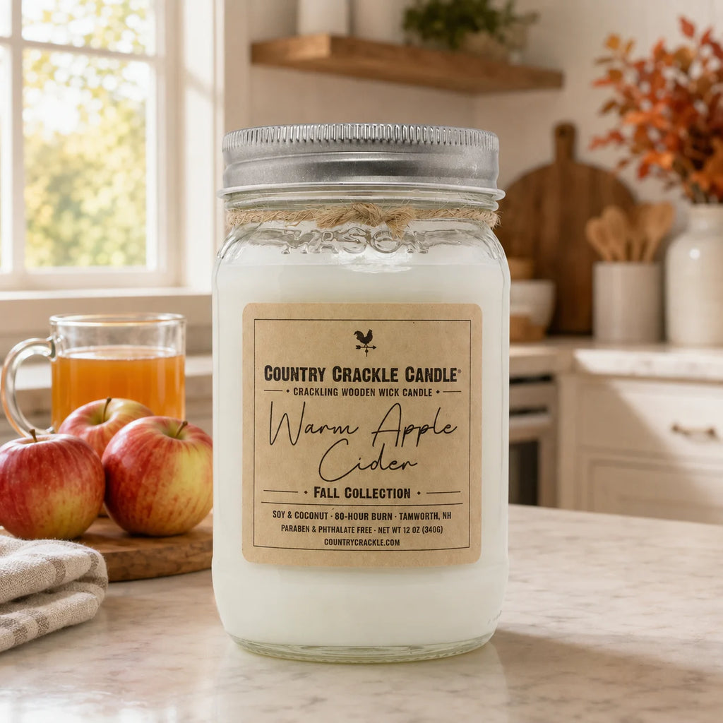 A large glass jar candle with a silver metal lid and a beige label reading 'Country Crackle Candle' and 'Warm Apple Cider' stands on a kitchen counter. The background shows a softly blurred kitchen scene with apples, a mug of orange drink, and warm lighting.